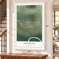 Granjeno, Texas map, 24 x 36 inch print in a white frame by a staircase