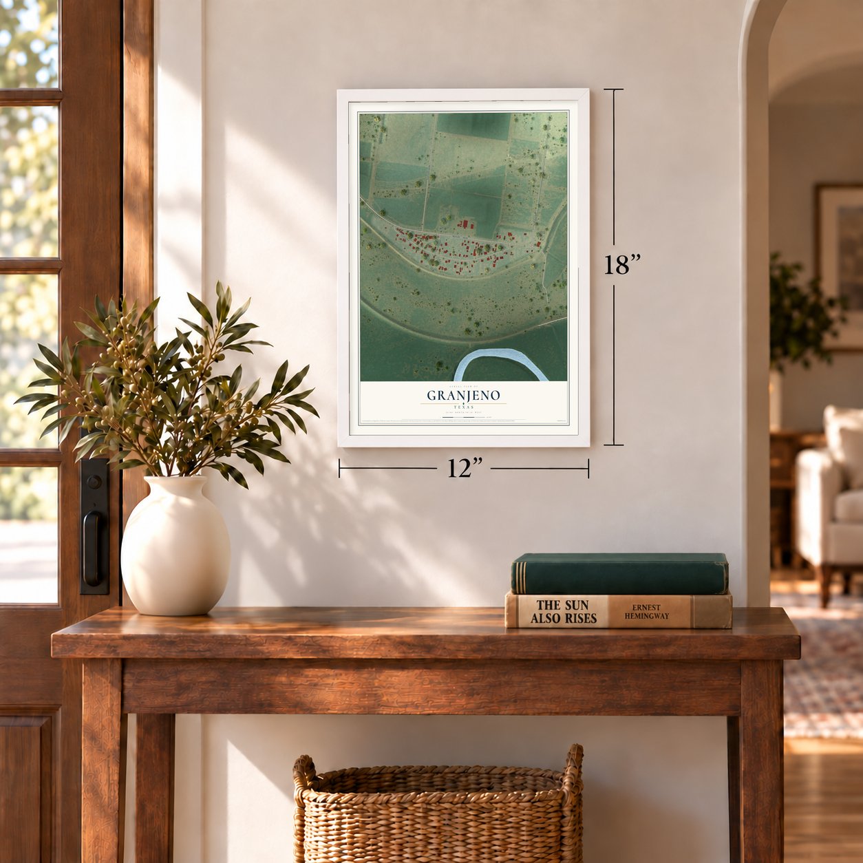Granjeno, Texas map, 12 x 18 inch print in a white frame in an entryway