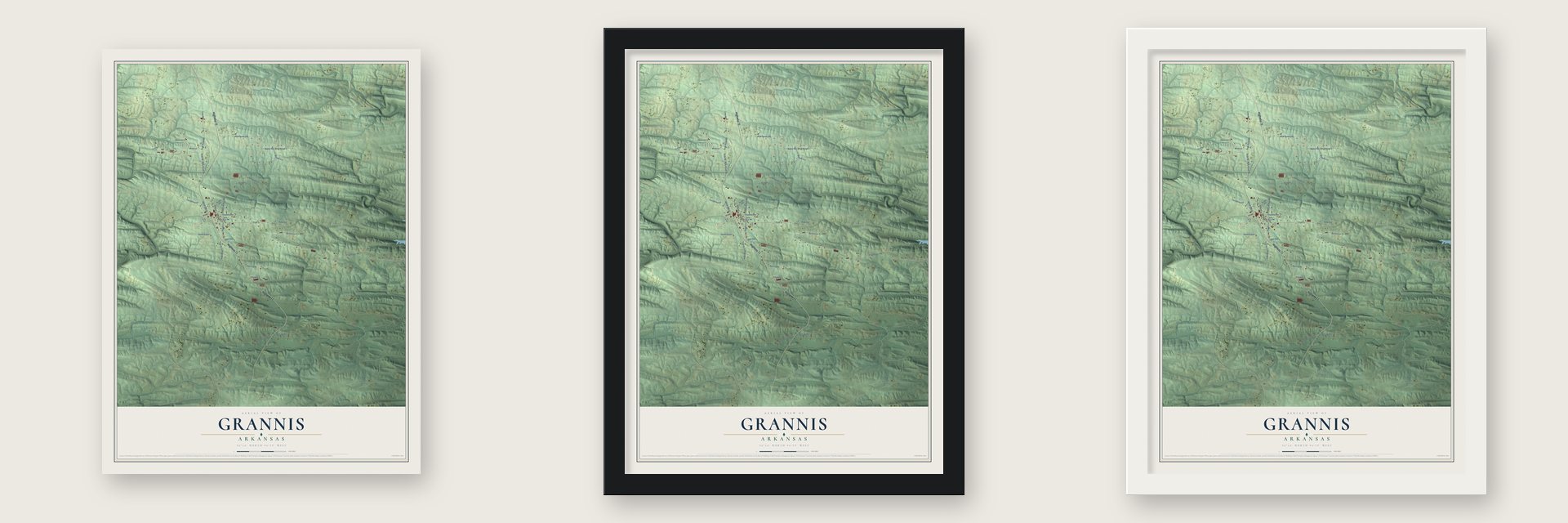 Grannis, Arkansas map unframed, in a black wood frame and in a white wood frame