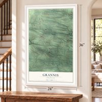 Grannis, Arkansas map, 24 x 36 inch print in a white frame by a staircase