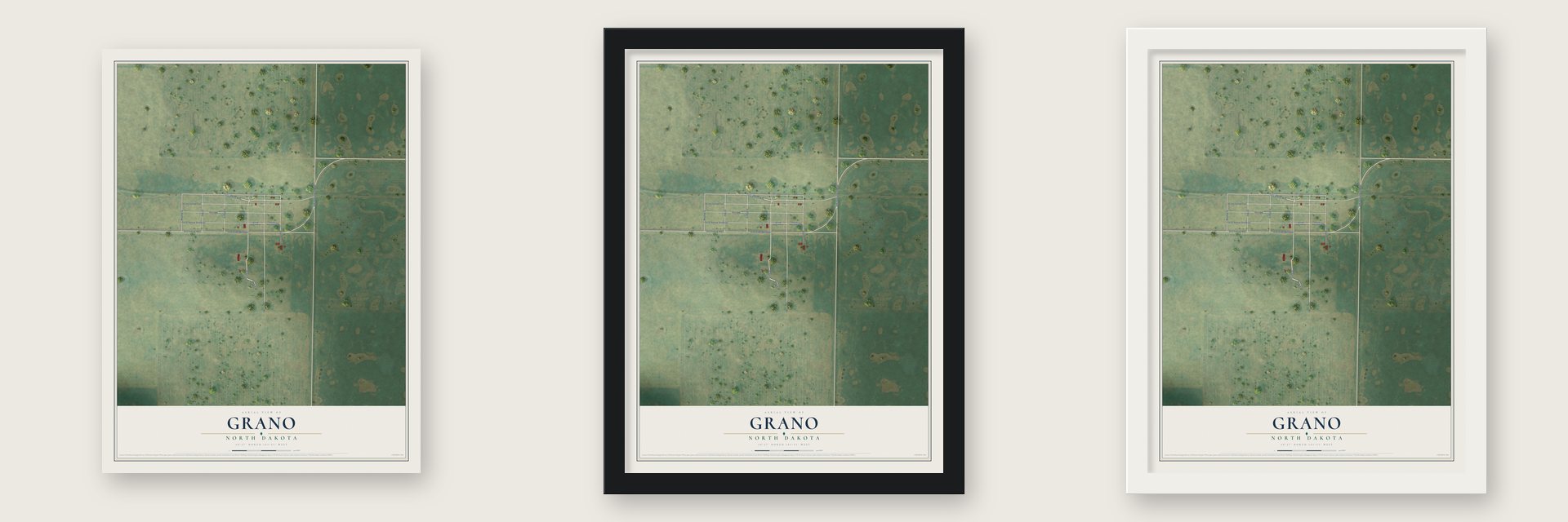Grano, North Dakota map unframed, in a black wood frame and in a white wood frame