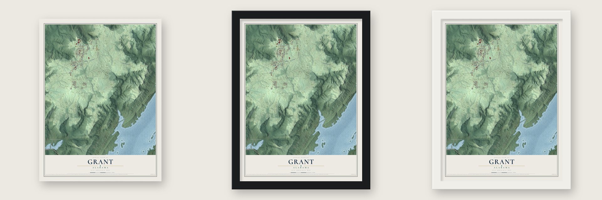 Grant, Alabama map unframed, in a black wood frame and in a white wood frame