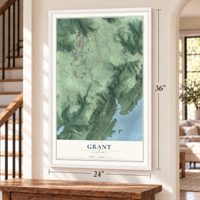 Grant, Alabama map, 24 x 36 inch print in a white frame by a staircase