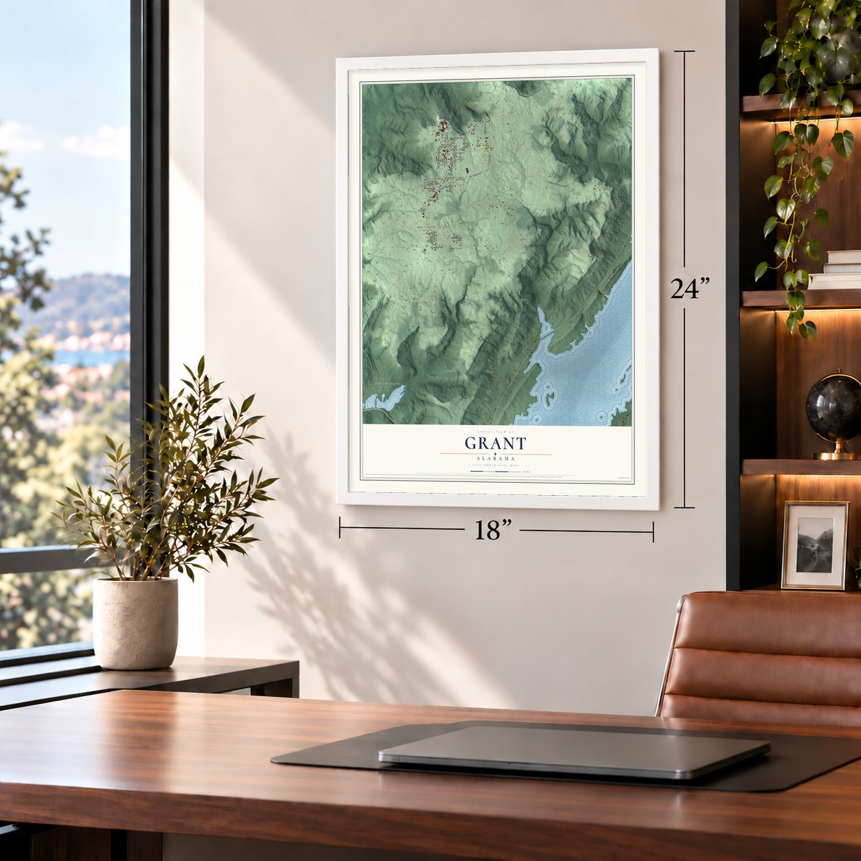 Grant, Alabama map, 18 x 24 inch print in a white frame in a home office