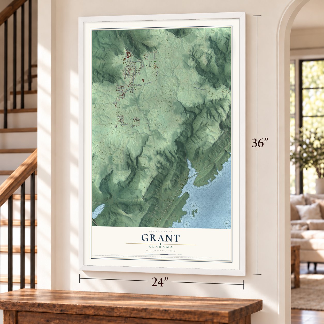 Grant, Alabama map, 24 x 36 inch print in a white frame by a staircase
