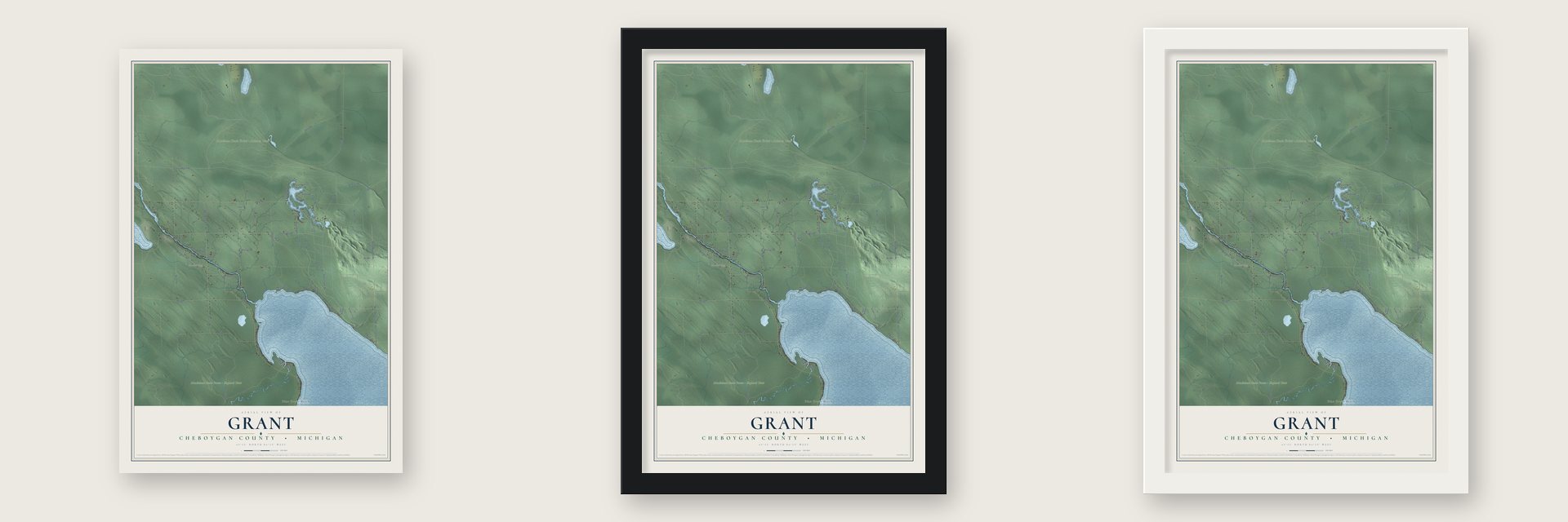 Grant, Cheboygan County, Michigan map unframed, in a black wood frame and in a white wood frame
