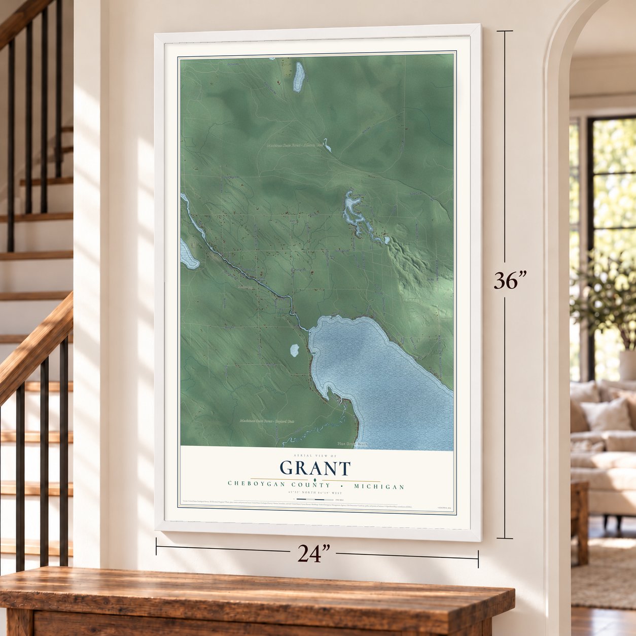 Grant, Cheboygan County, Michigan map, 24 x 36 inch print in a white frame by a staircase