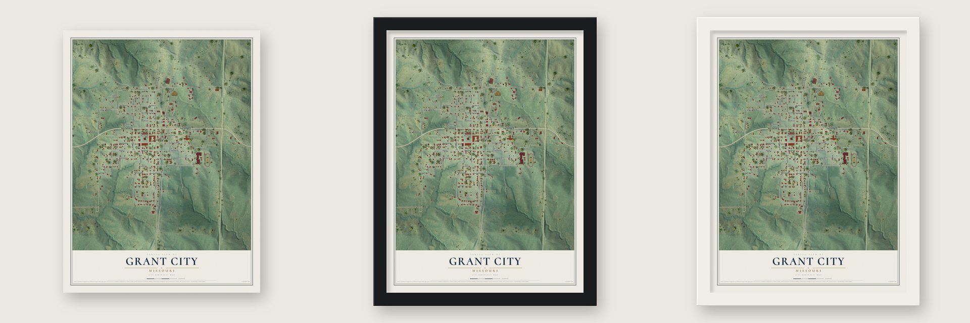 Grant City, Missouri map unframed, in a black wood frame and in a white wood frame