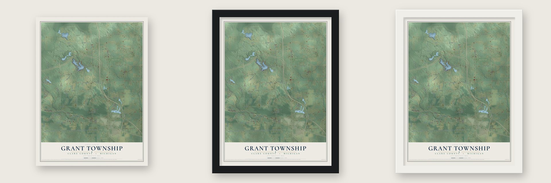 Grant Township, Clare County, Michigan map unframed, in a black wood frame and in a white wood frame