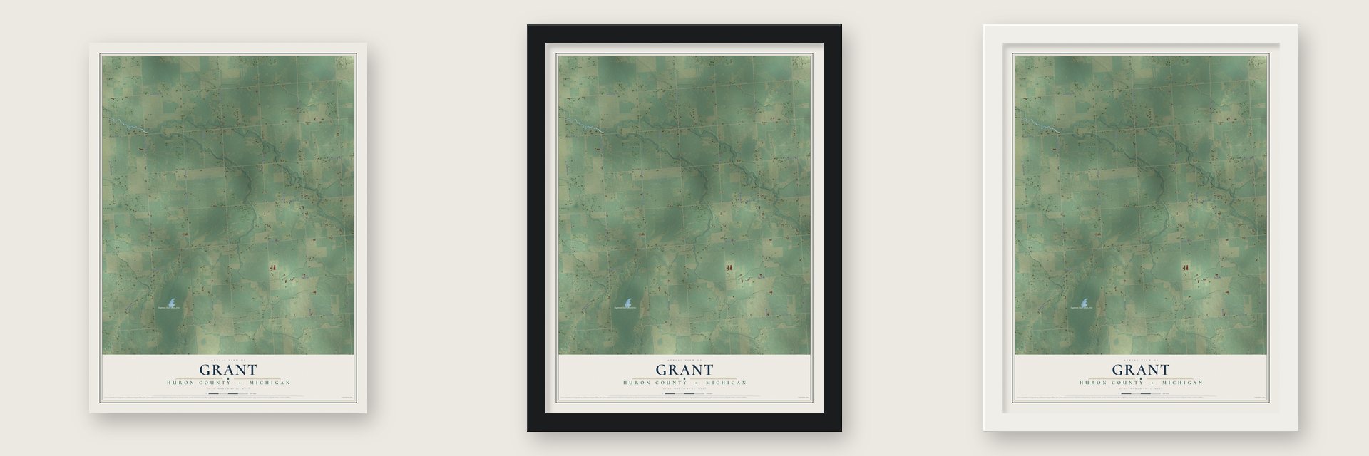 Grant, Huron County, Michigan map unframed, in a black wood frame and in a white wood frame