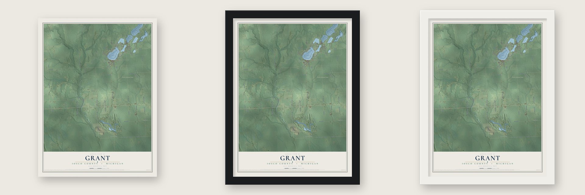 Grant, Iosco County, Michigan map unframed, in a black wood frame and in a white wood frame