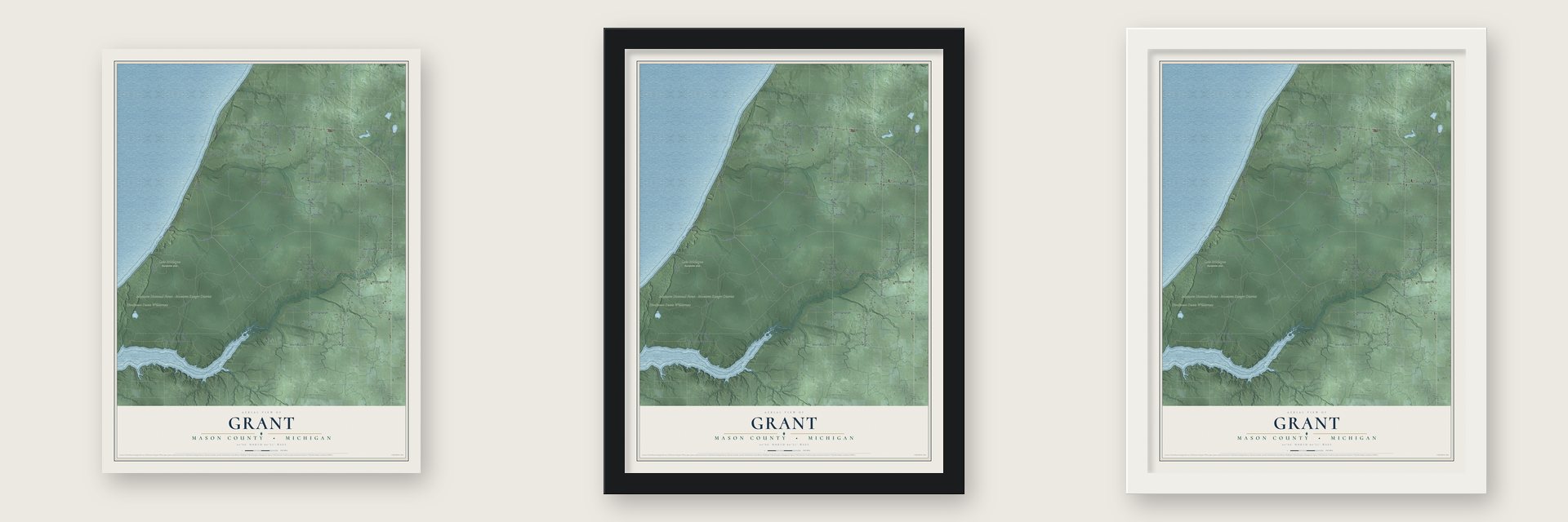 Grant, Mason County, Michigan map unframed, in a black wood frame and in a white wood frame