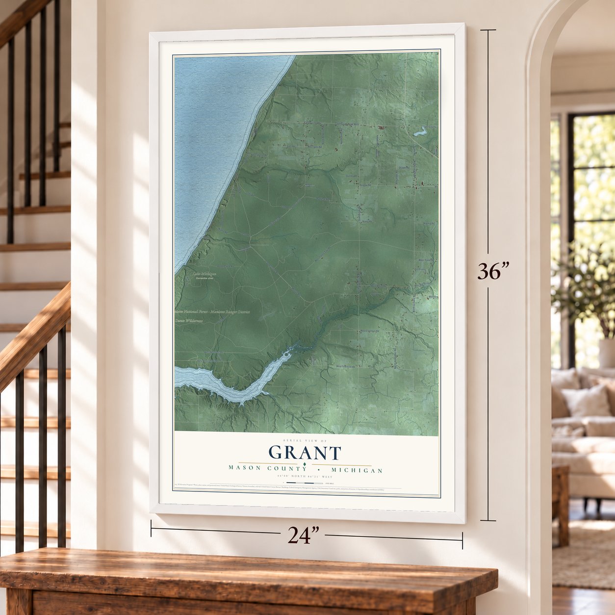 Grant, Mason County, Michigan map, 24 x 36 inch print in a white frame by a staircase