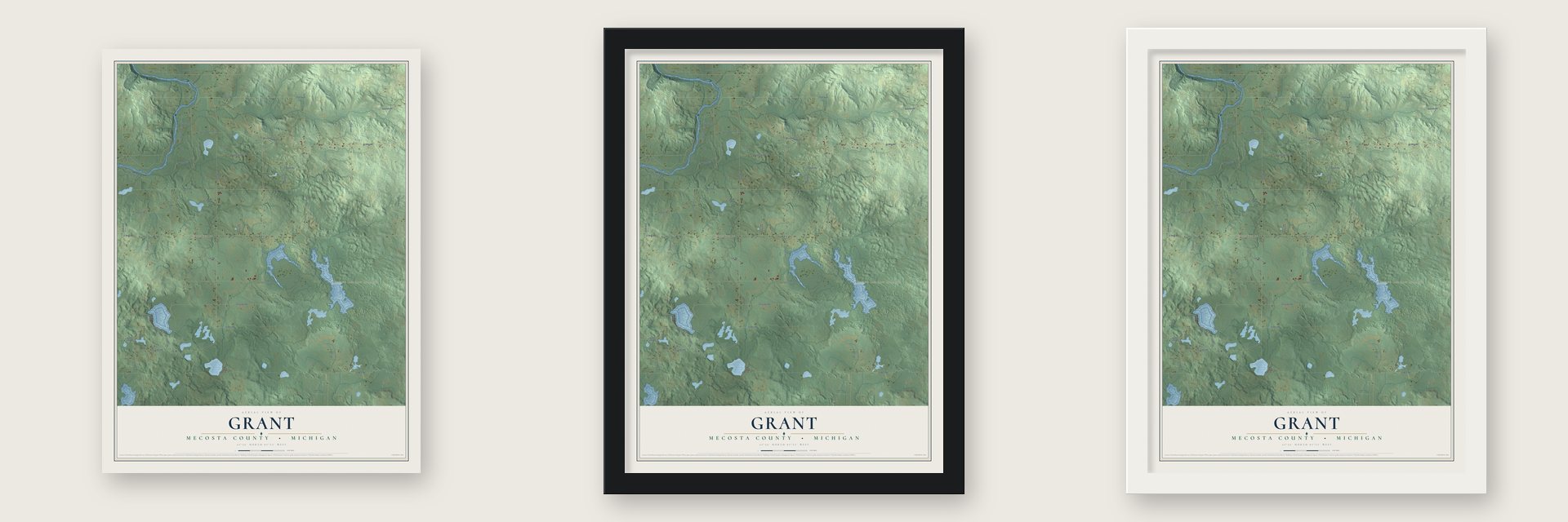 Grant, Mecosta County, Michigan map unframed, in a black wood frame and in a white wood frame