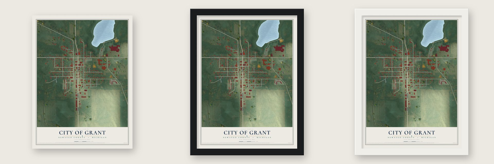 Grant, Michigan map unframed, in a black wood frame and in a white wood frame