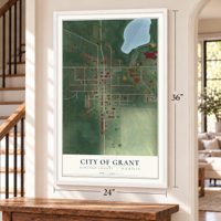 Grant, Michigan map, 24 x 36 inch print in a white frame by a staircase