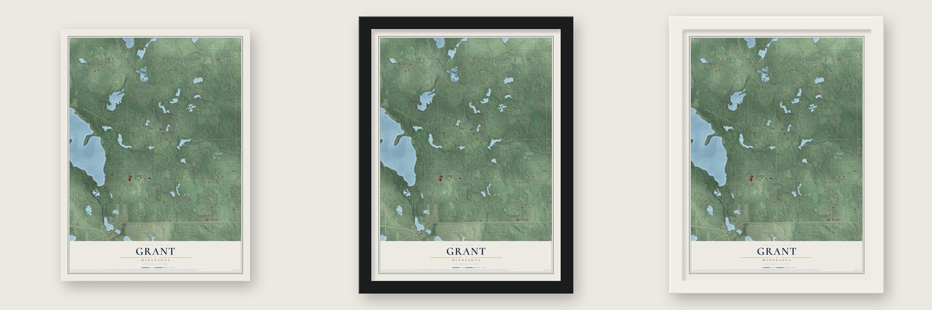 Grant, Minnesota map unframed, in a black wood frame and in a white wood frame