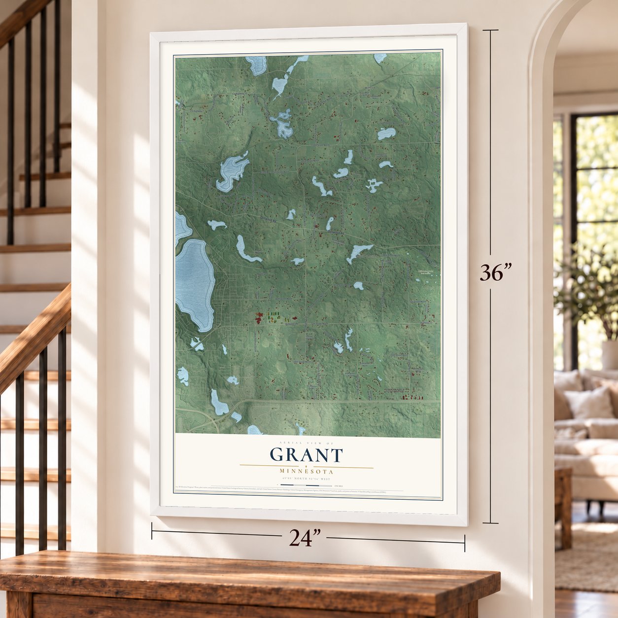 Grant, Minnesota map, 24 x 36 inch print in a white frame by a staircase