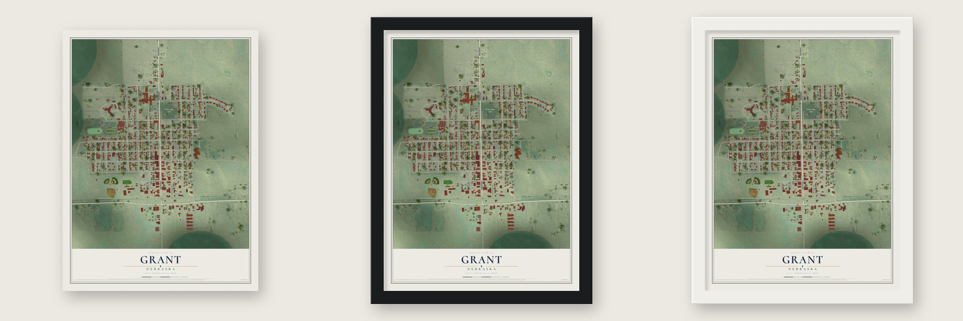 Grant, Nebraska map unframed, in a black wood frame and in a white wood frame