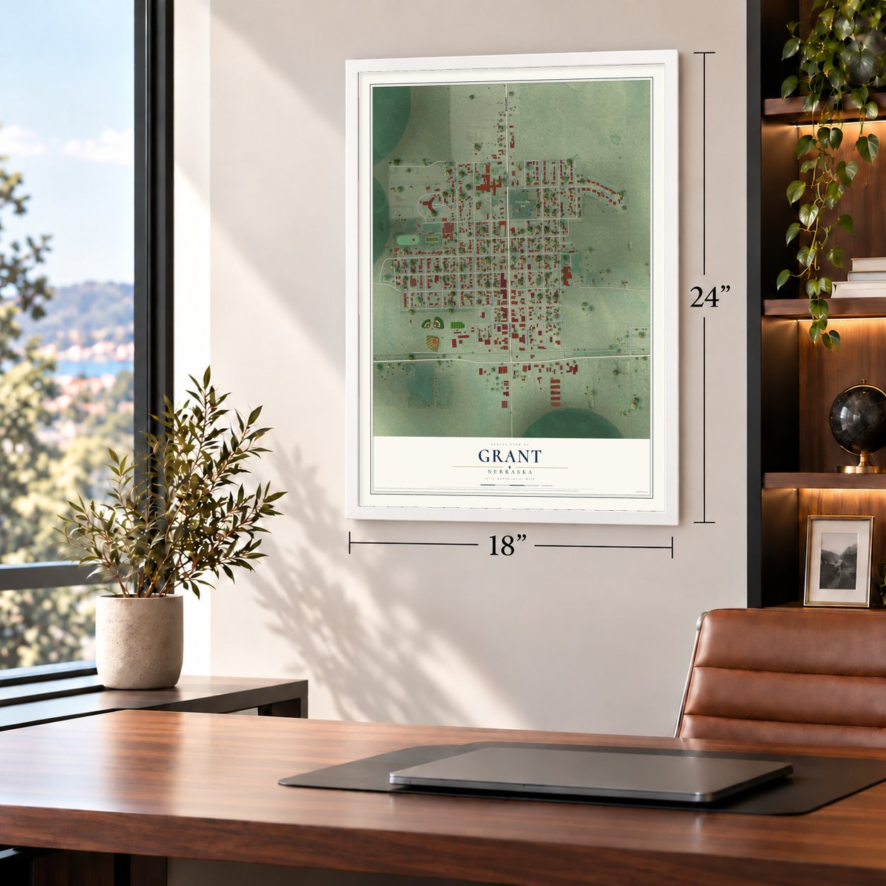 Grant, Nebraska map, 18 x 24 inch print in a white frame in a home office