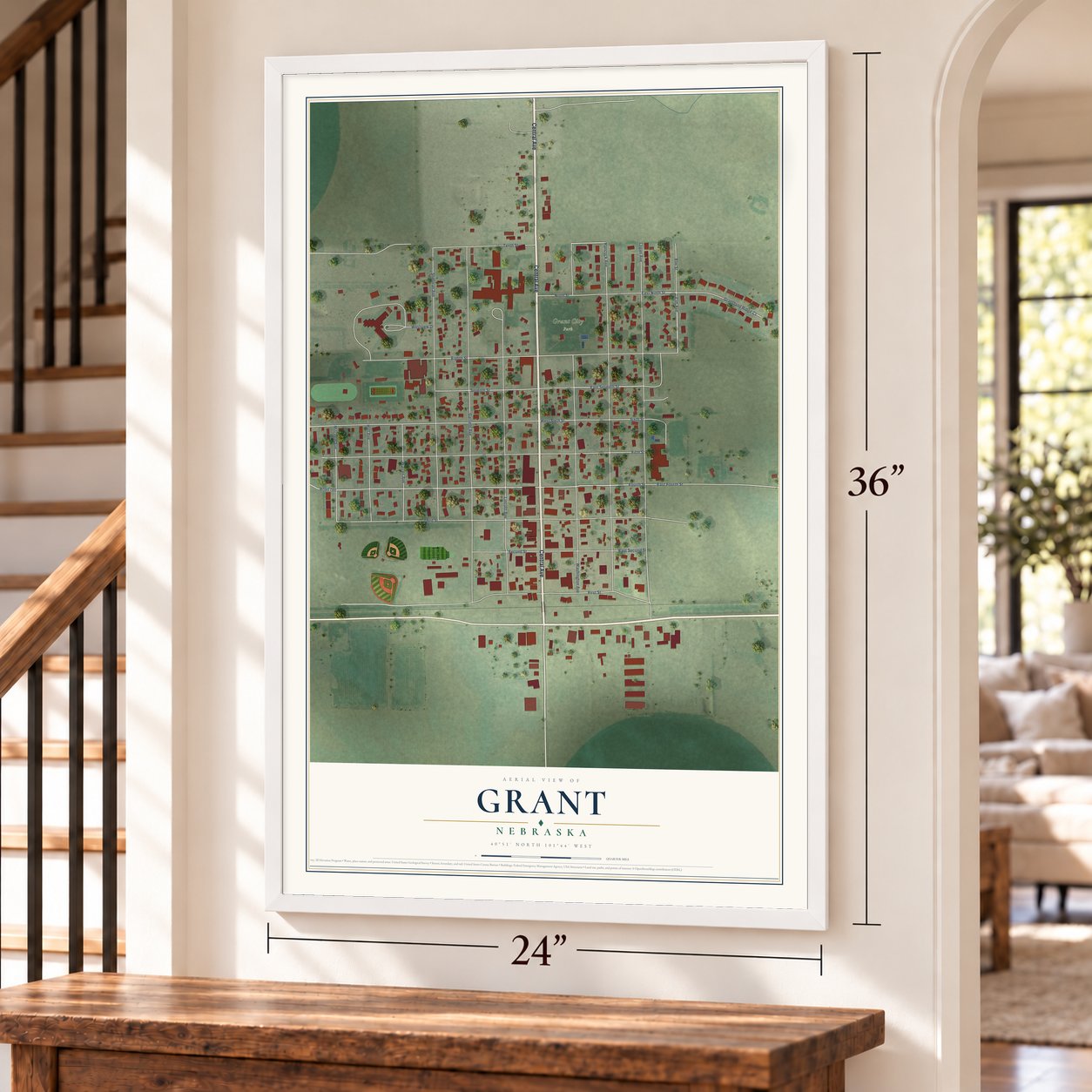 Grant, Nebraska map, 24 x 36 inch print in a white frame by a staircase