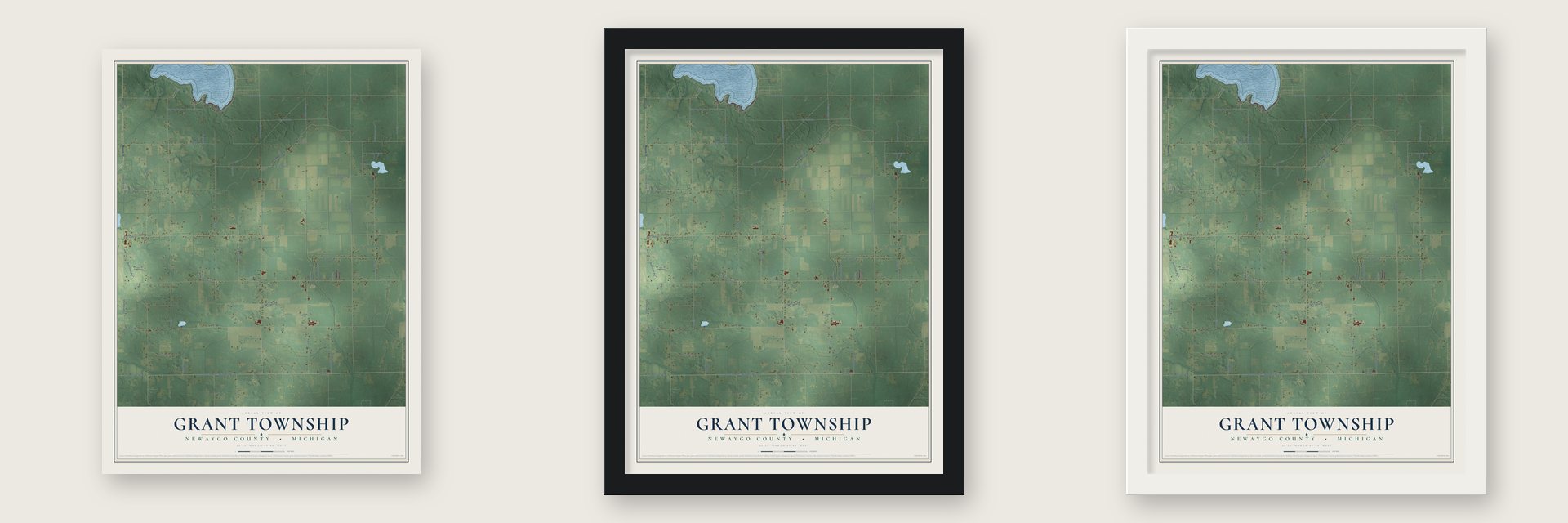 Grant Township, Newaygo County, Michigan map unframed, in a black wood frame and in a white wood frame