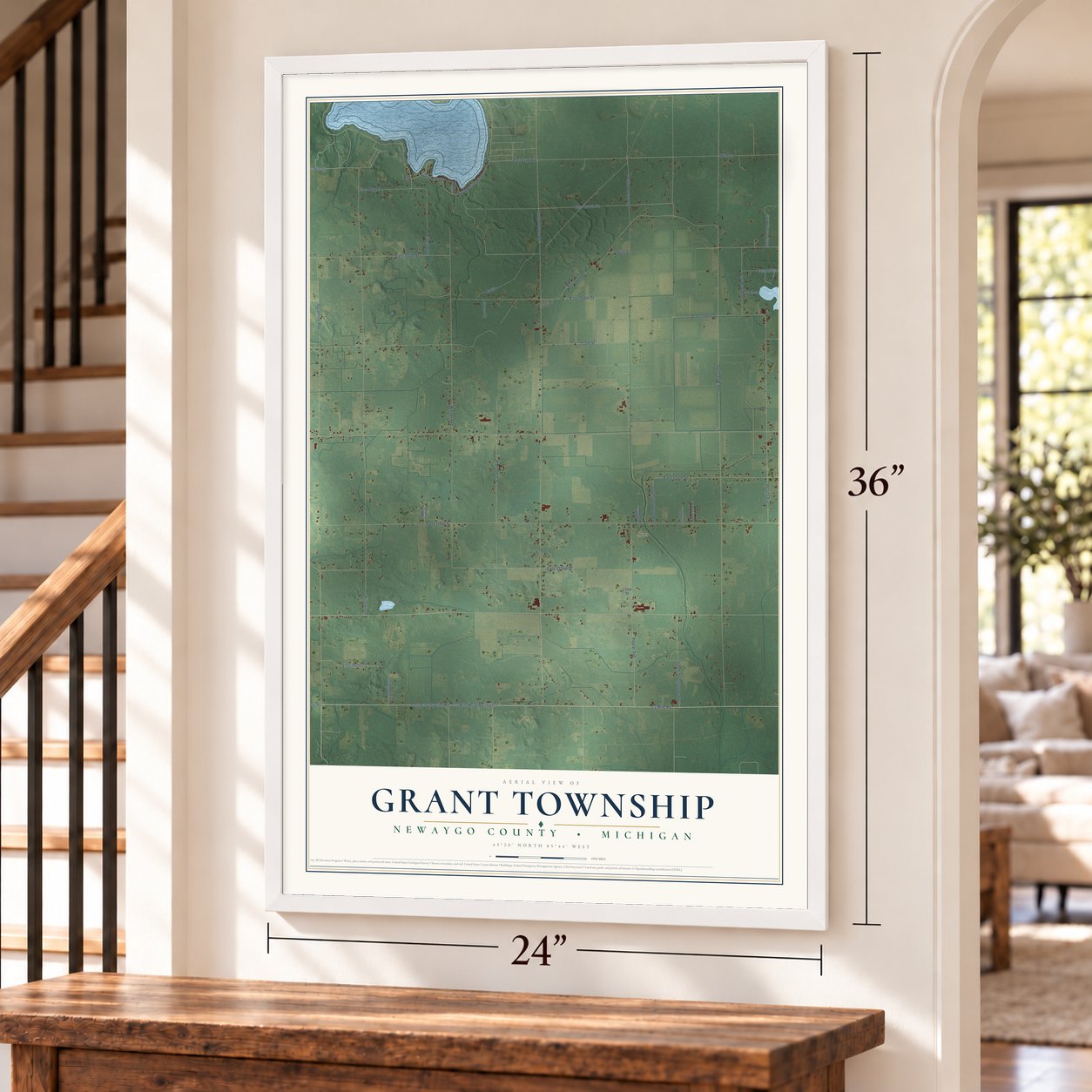 Grant Township, Newaygo County, Michigan map, 24 x 36 inch print in a white frame by a staircase