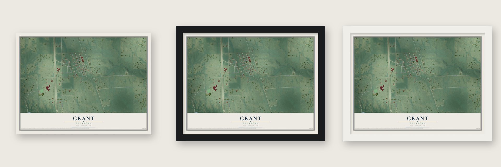 Grant, Oklahoma map unframed, in a black wood frame and in a white wood frame