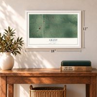 Grant, Oklahoma map, 12 x 18 inch print in a white frame in an entryway