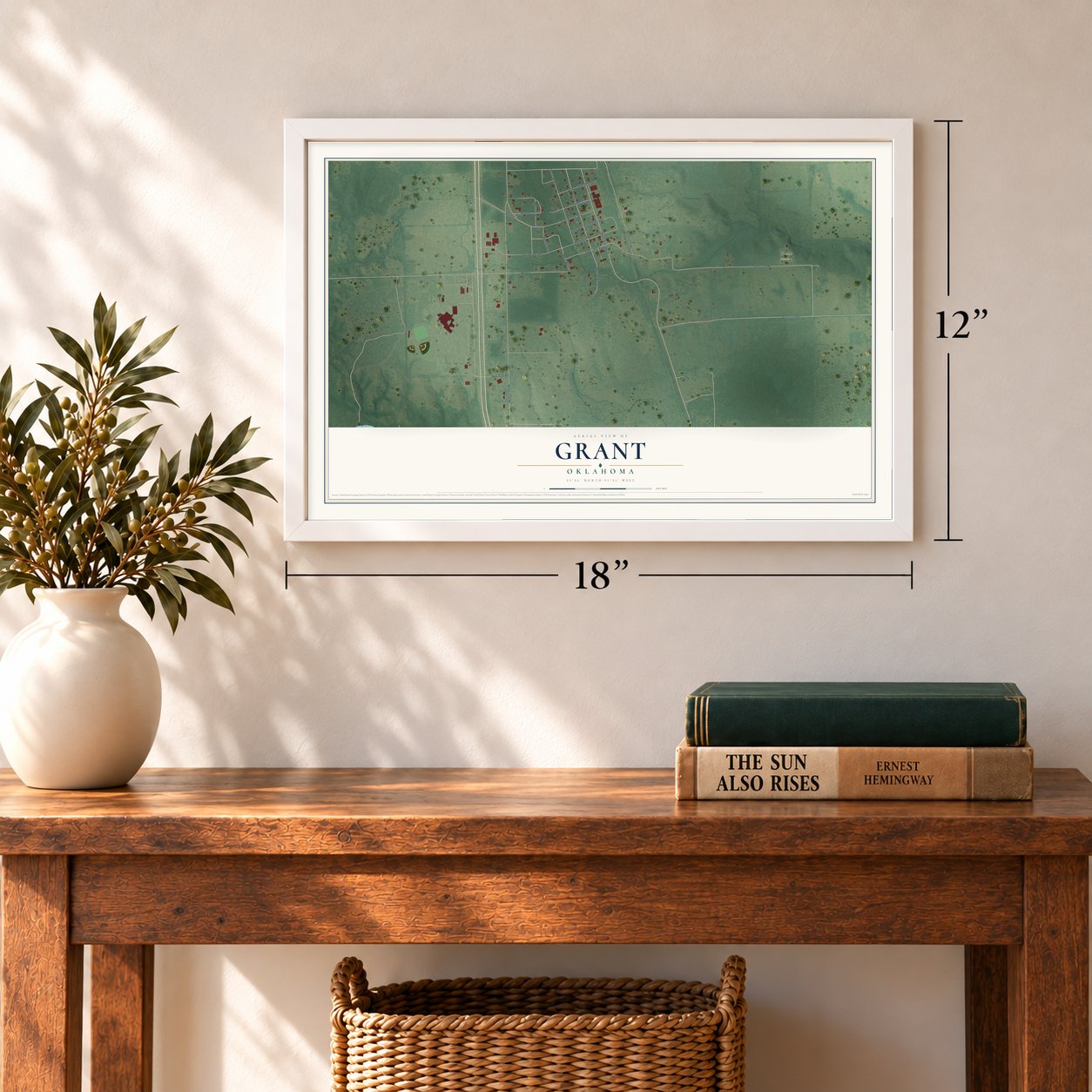 Grant, Oklahoma map, 12 x 18 inch print in a white frame in an entryway