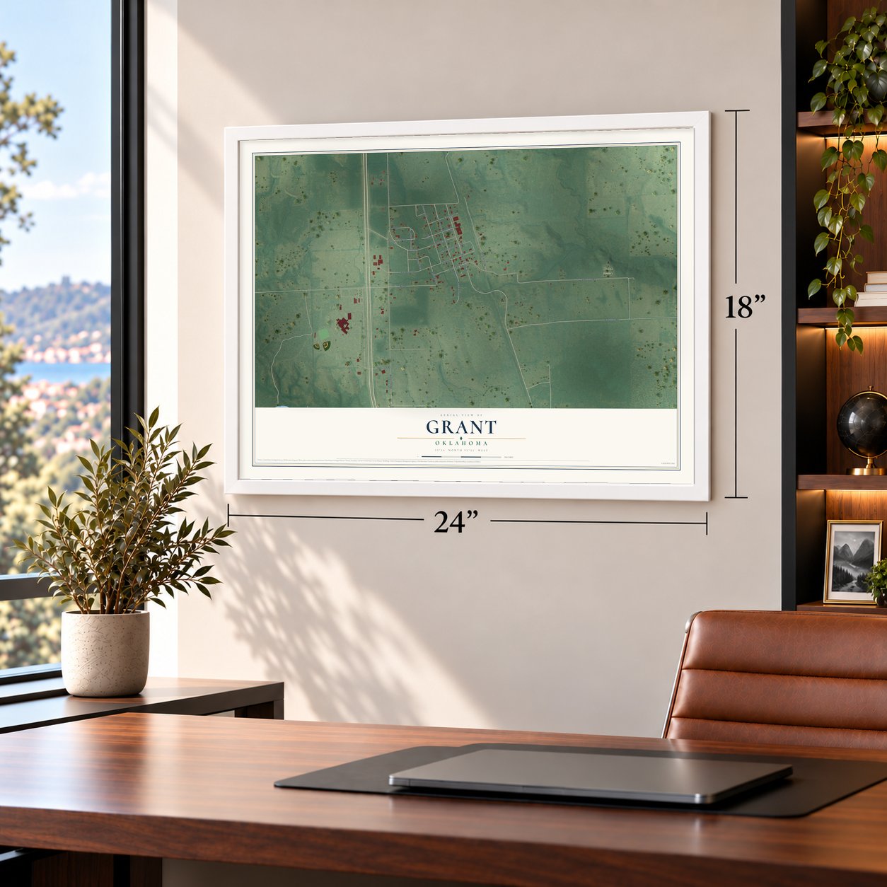 Grant, Oklahoma map, 18 x 24 inch print in a white frame in a home office