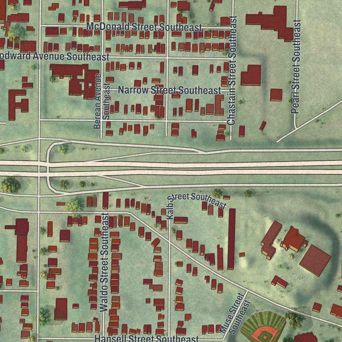 Second close-up of the map of Grant Park, Georgia print showing more streets and buildings