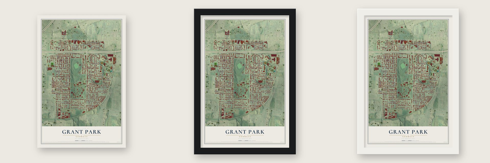 Grant Park, Georgia map unframed, in a black wood frame and in a white wood frame