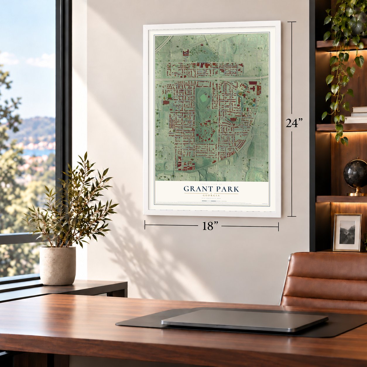 Grant Park, Georgia map, 18 x 24 inch print in a white frame in a home office