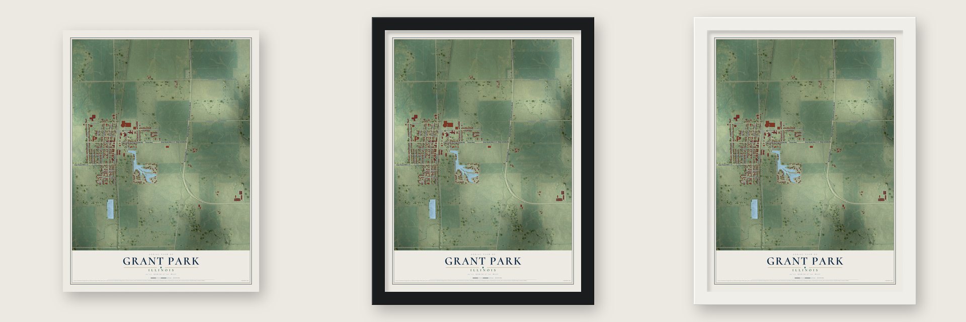 Grant Park, Illinois map unframed, in a black wood frame and in a white wood frame