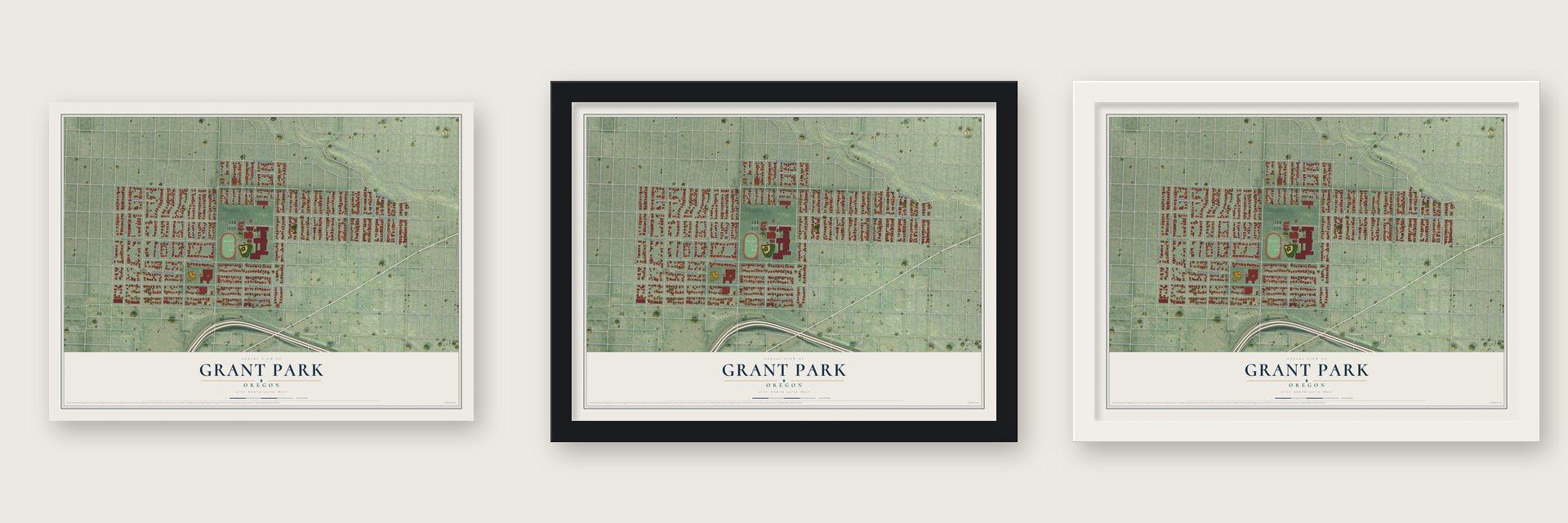 Grant Park, Oregon map unframed, in a black wood frame and in a white wood frame