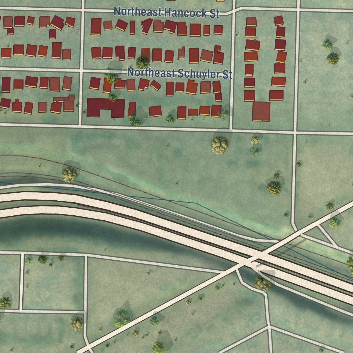 Second close-up of the map of Grant Park, Oregon print showing more streets and buildings
