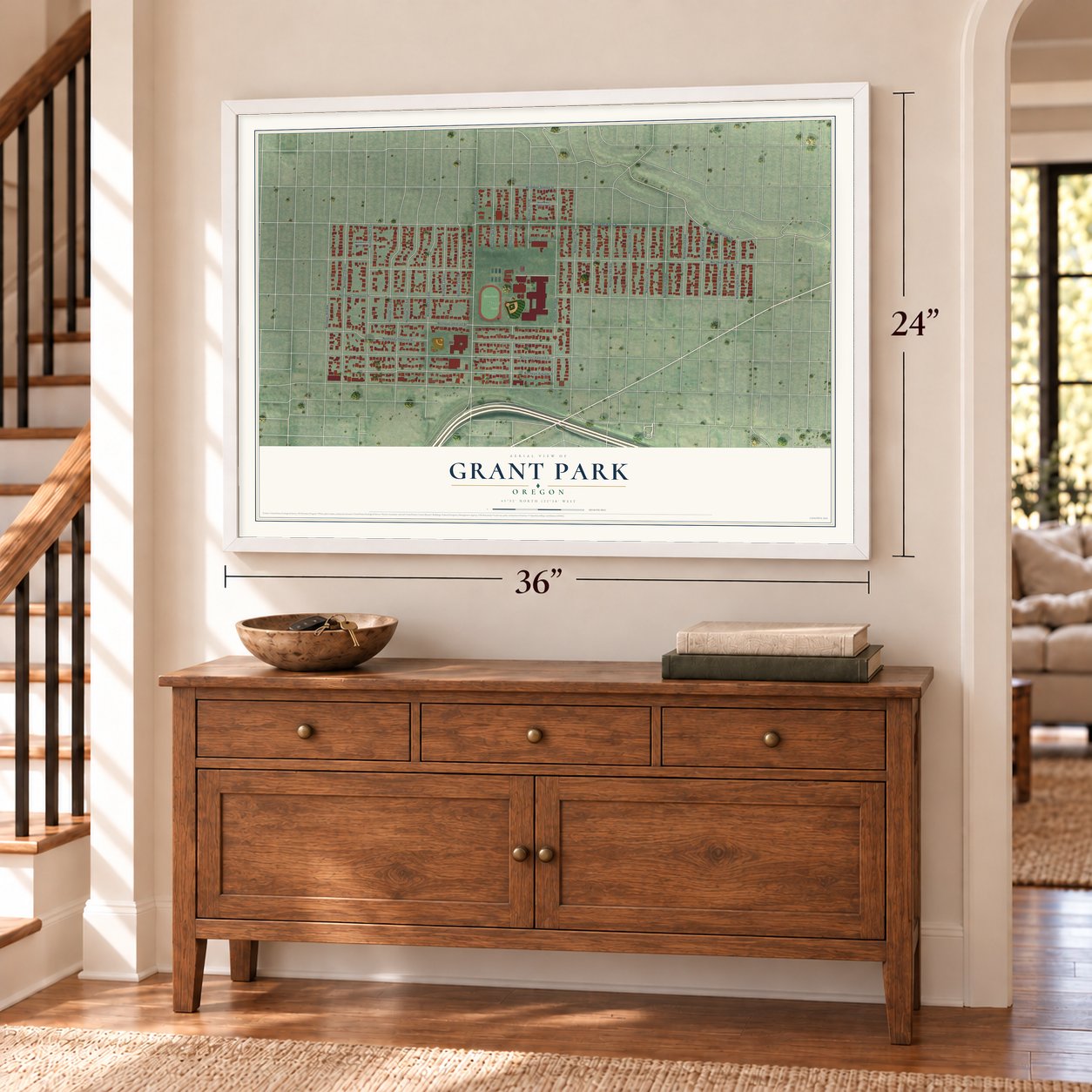 Grant Park, Oregon map, 24 x 36 inch print in a white frame above a dresser by a staircase