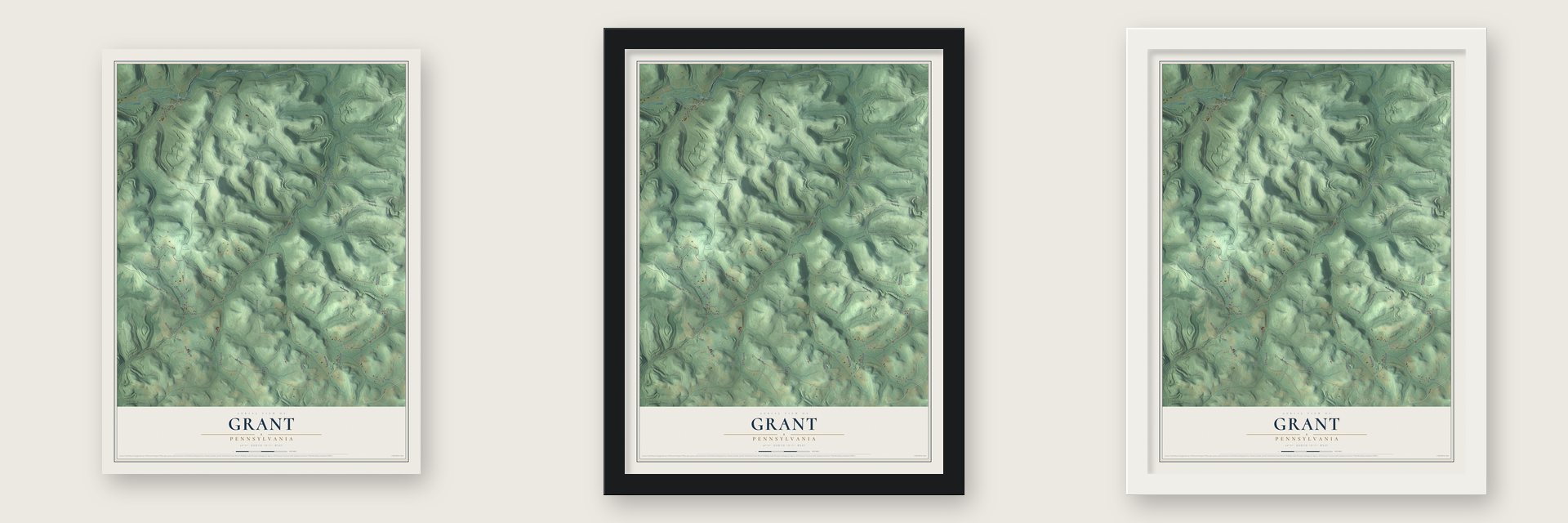 Grant, Pennsylvania map unframed, in a black wood frame and in a white wood frame