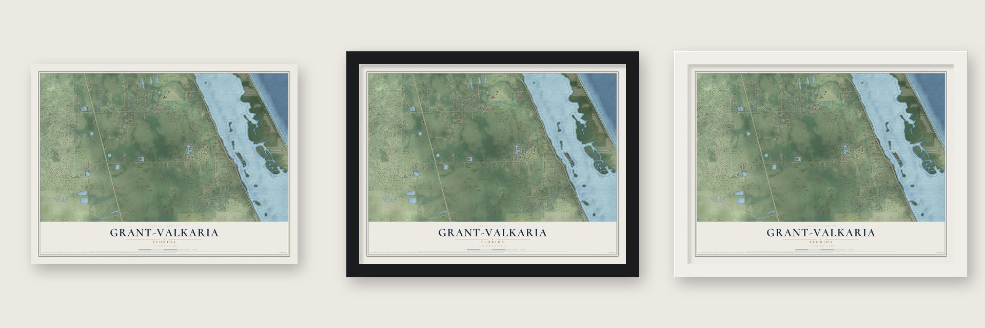 Grant-Valkaria, Florida map unframed, in a black wood frame and in a white wood frame