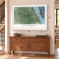 Grant-Valkaria, Florida map, 24 x 36 inch print in a white frame above a dresser by a staircase