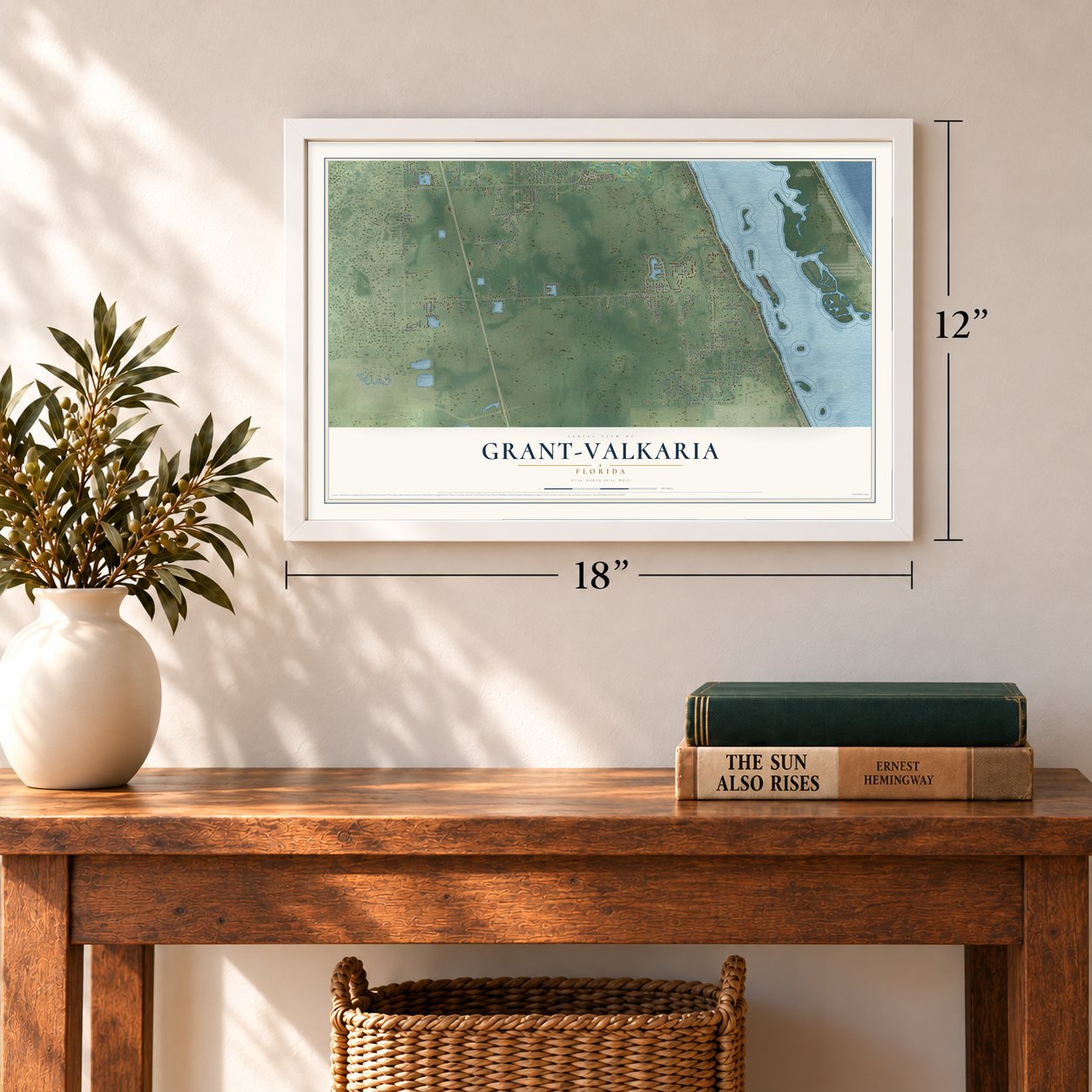 Grant-Valkaria, Florida map, 12 x 18 inch print in a white frame in an entryway