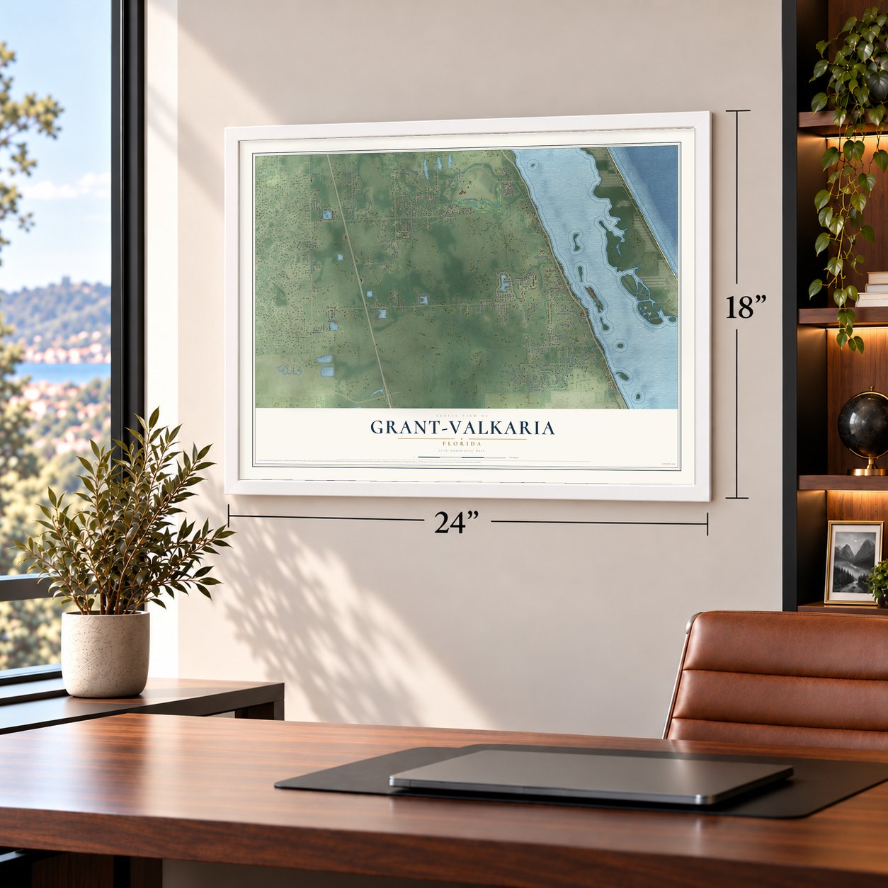 Grant-Valkaria, Florida map, 18 x 24 inch print in a white frame in a home office