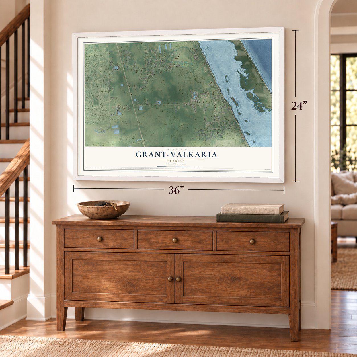 Grant-Valkaria, Florida map, 24 x 36 inch print in a white frame above a dresser by a staircase
