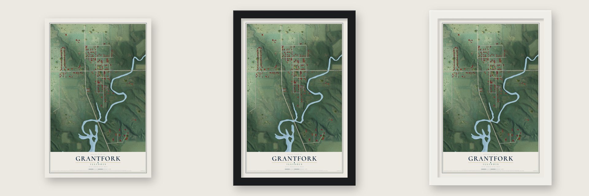 Grantfork, Illinois map unframed, in a black wood frame and in a white wood frame