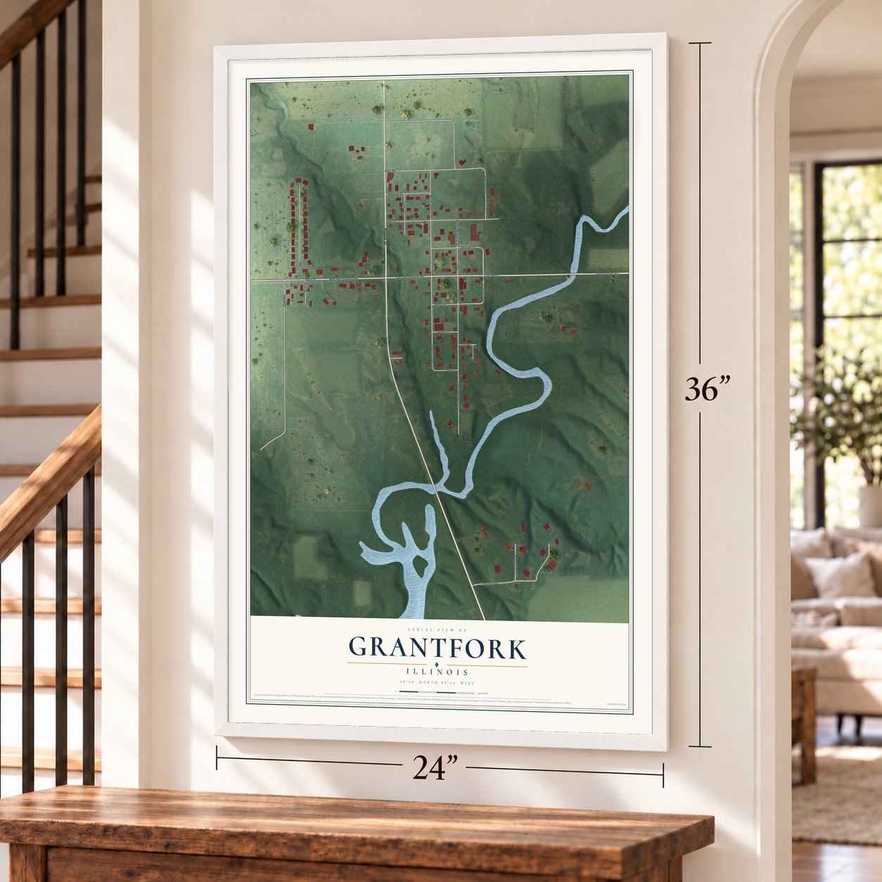 Grantfork, Illinois map, 24 x 36 inch print in a white frame by a staircase