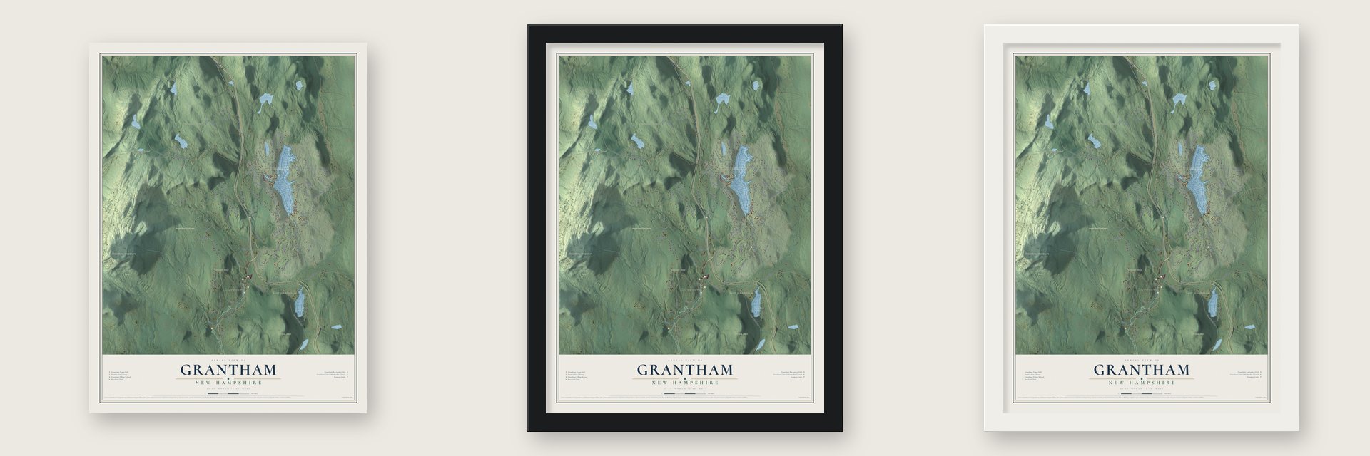 Grantham, New Hampshire map unframed, in a black wood frame and in a white wood frame