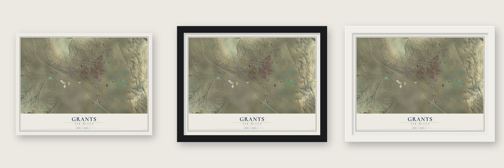 Grants, New Mexico map unframed, in a black wood frame and in a white wood frame