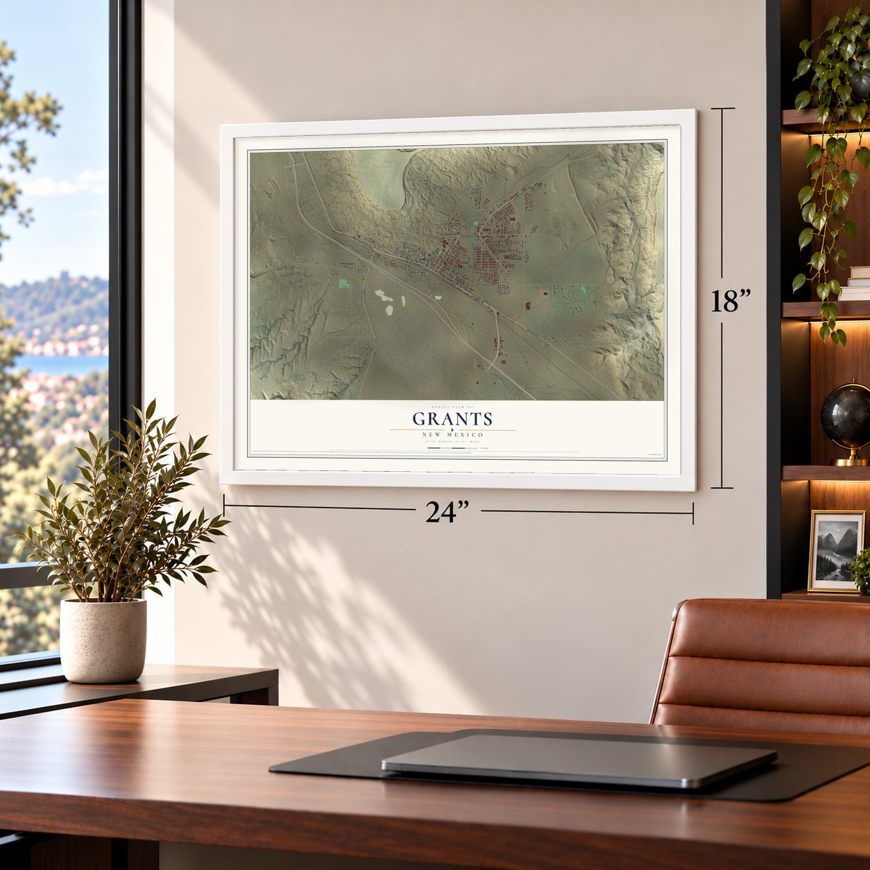 Grants, New Mexico map, 18 x 24 inch print in a white frame in a home office