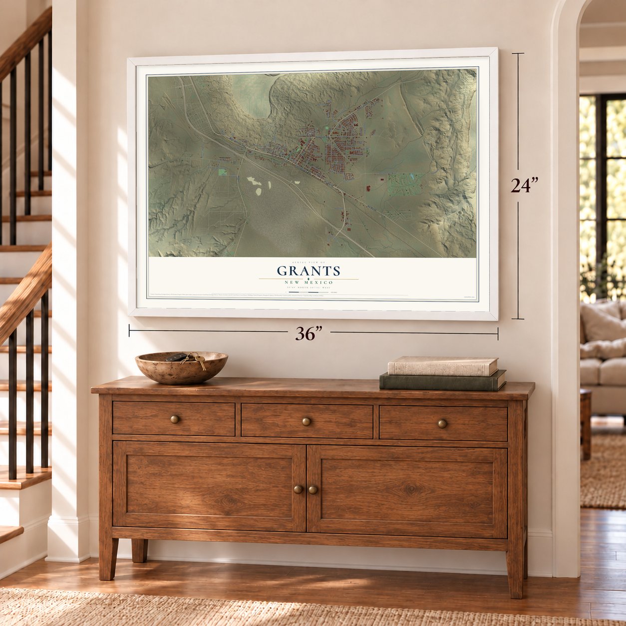 Grants, New Mexico map, 24 x 36 inch print in a white frame above a dresser by a staircase
